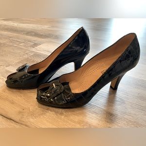 Anyi Lu Women's Leather Peep-toe Pumps Black/Blue Size 6